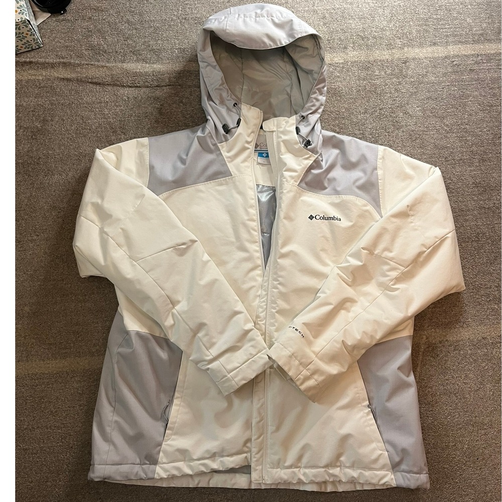 Columbia Omni-Tech Hooded Jacket XL Cream Grey Colorblock Thermal Reflective